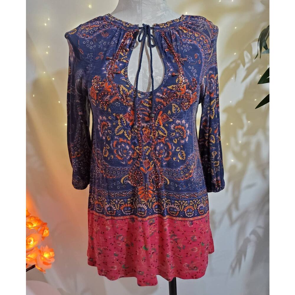 Anthropologie Meadow Rue Beaded Boho Keyhole Blouse Womens Size XS Hippie Top